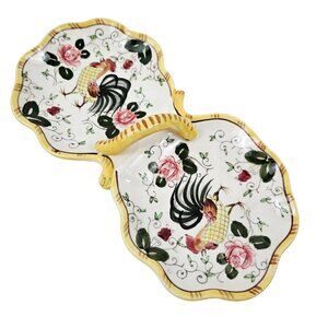 Early Provincial Relish Double DisHand Painted Rooster Roses Ceramic  Japan